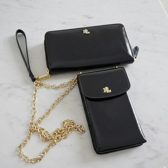 Lauren Ralph Lauren 2 Piece Set Black Patent Leather Wallet/ Phone Crossbody Bag